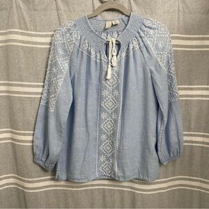JOIE / Blue Linen Embroidered Long Sleeve Top Size S